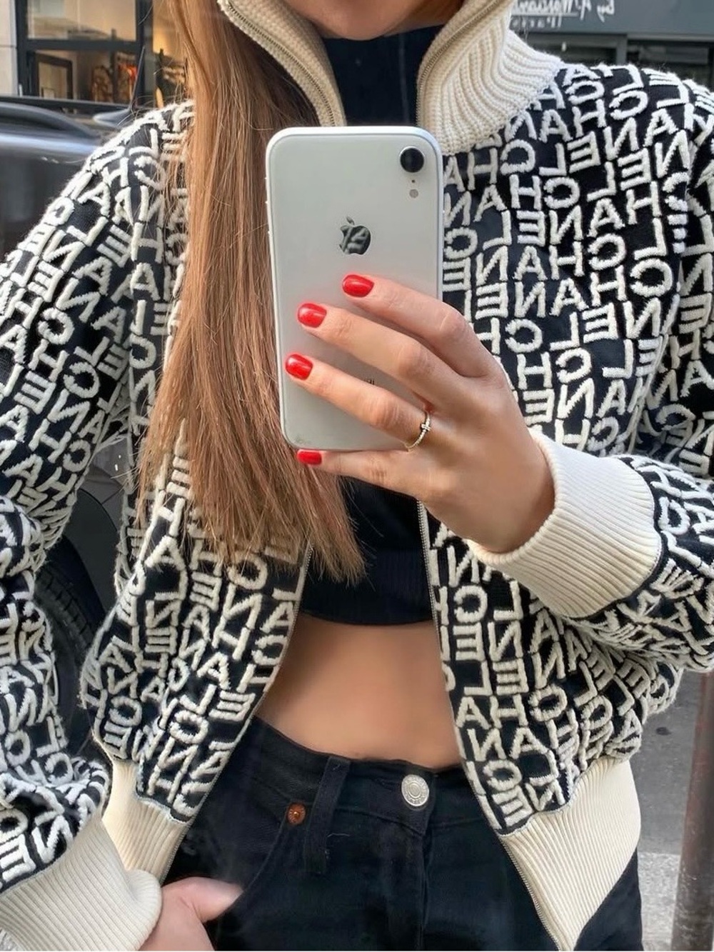 CHANEL 19A Coco Neige CC embossed monogram bomber jacket FR36